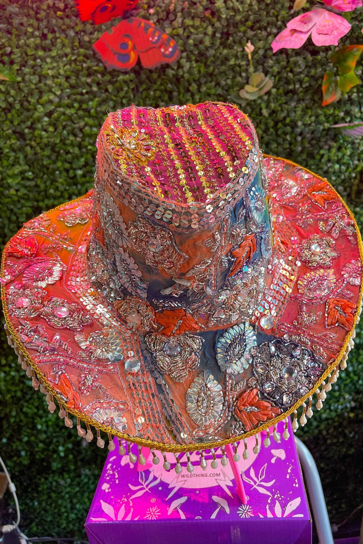 Radiant Rainbow Sari Hat with intricate embroidery and sequins