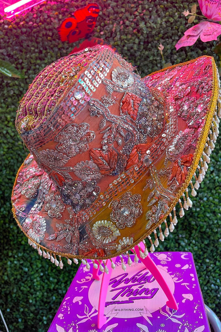 Side view of Radiant Rainbow Sari Hat showcasing vibrant patterns