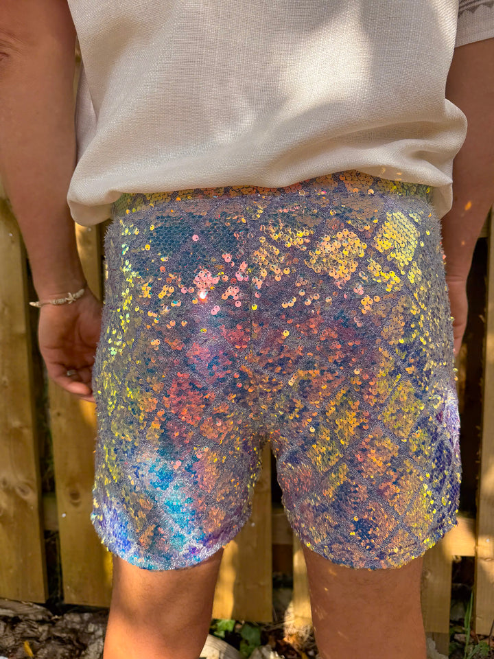 Back view of iridescent sequin shorts