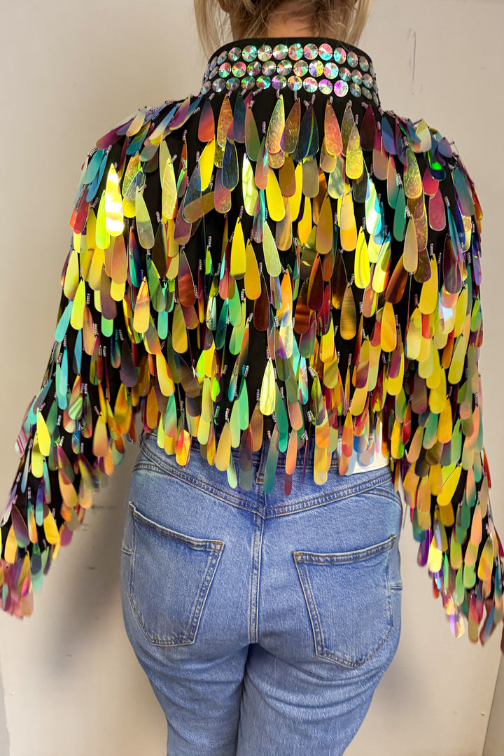 Back view of iridescent jacket with colorful sequins