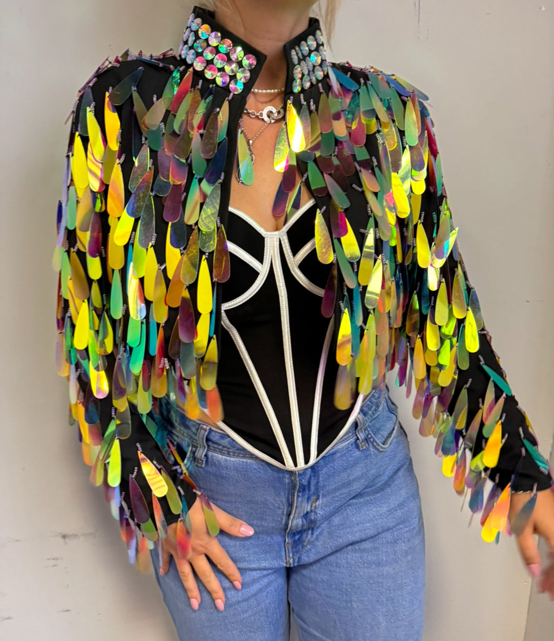 Iridescent sequin jacket with colorful teardrop design