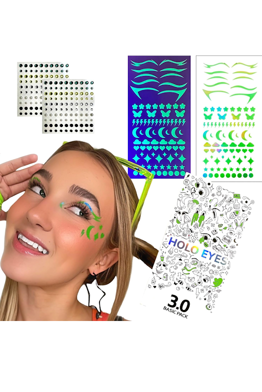 HOLO EYES green UV eye stickers pack with designs and model.