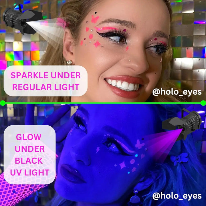 Model wearing HOLO EYES stickers under regular and UV light