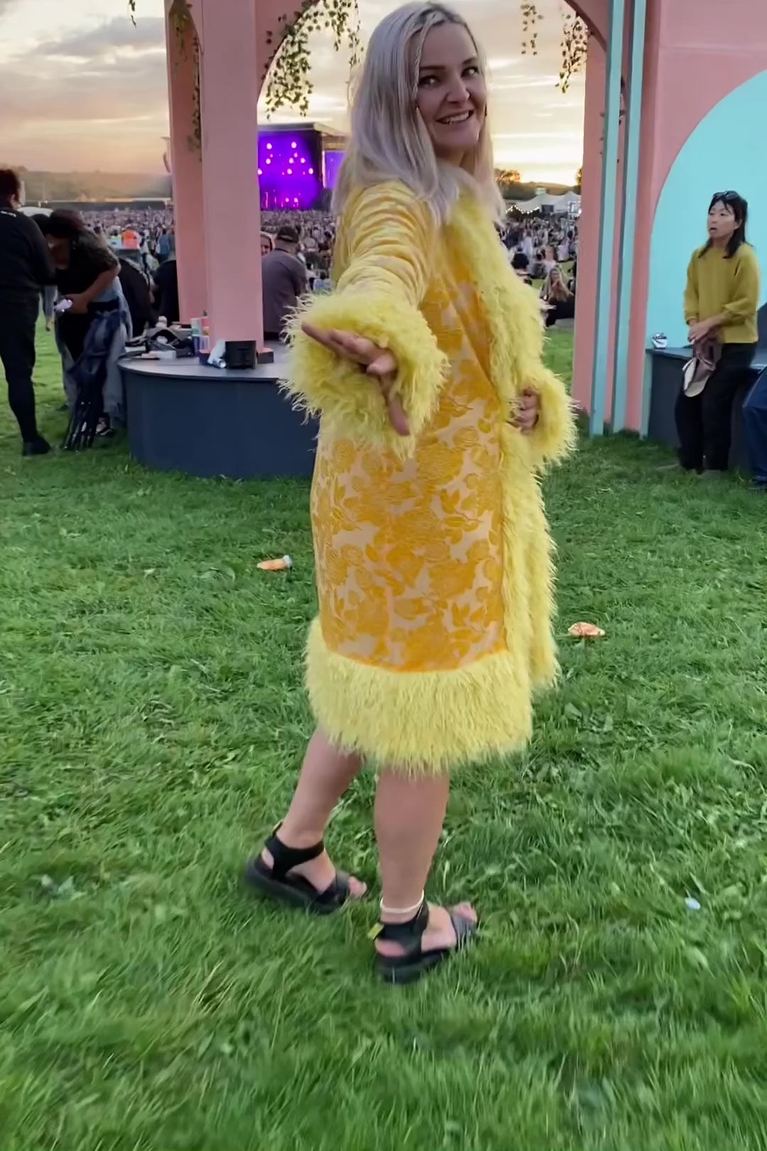 Sunflower Lux Faux fur Coat at festival with floral details