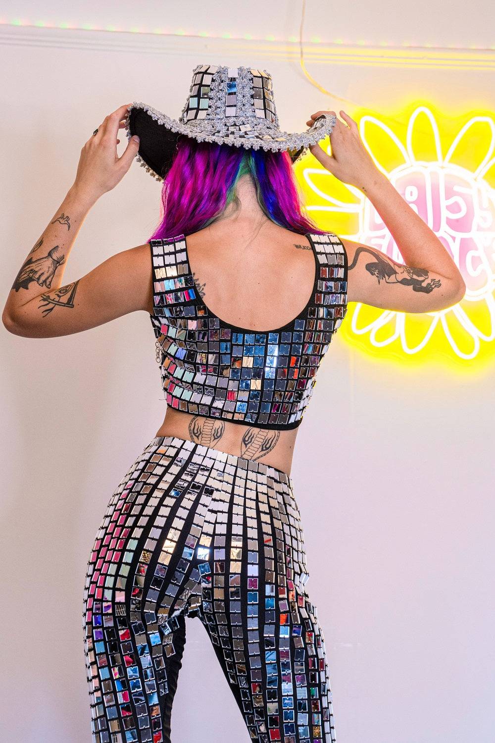 Back view of Molly Mirror Crop Top and pants with hat