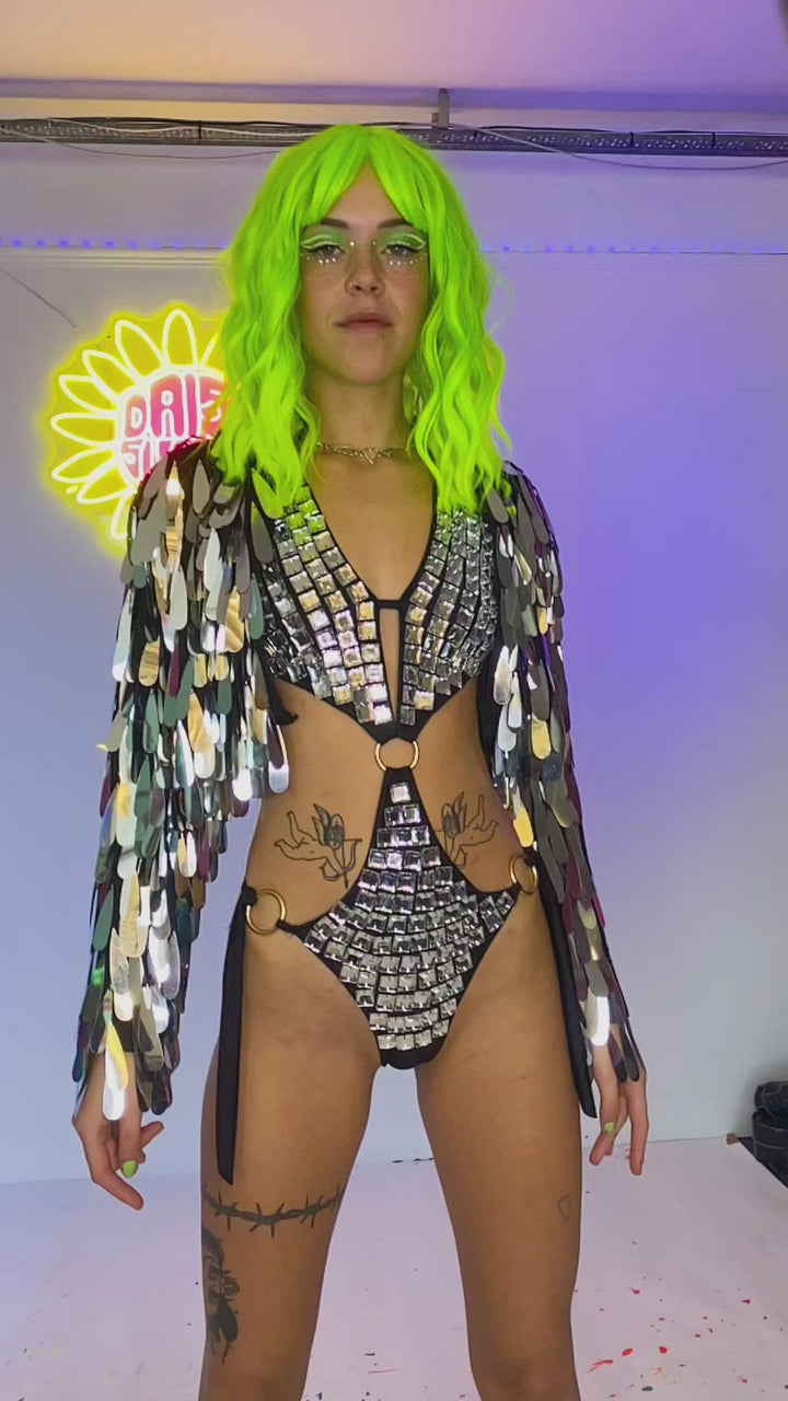 Neon green wig with Angel Dust Jacket and bodysuit