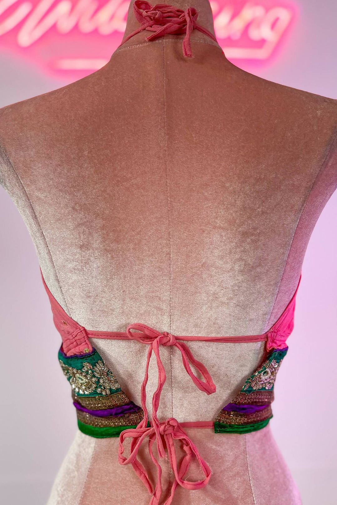 Back view of Maddy Pink bralette with tie closures