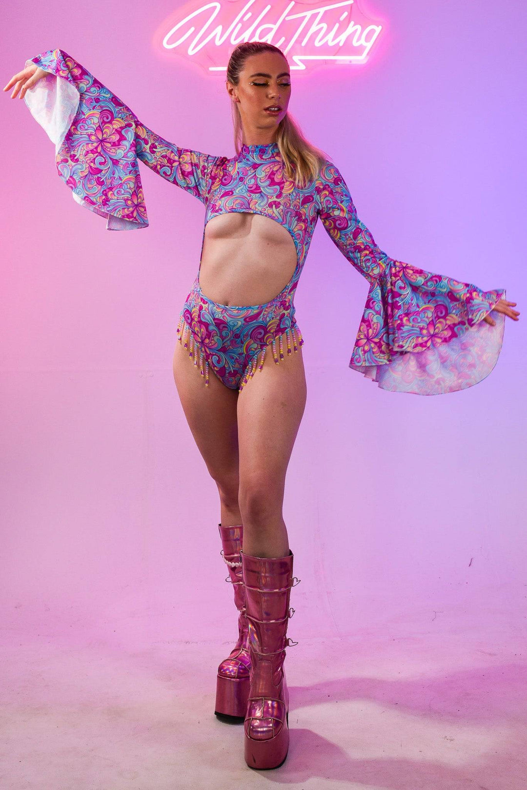 Full body shot of Shroom Flare Bodysuit, festival style