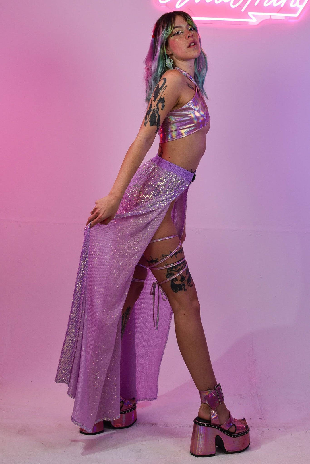 Lavender sequin skirt, side view, festival attire