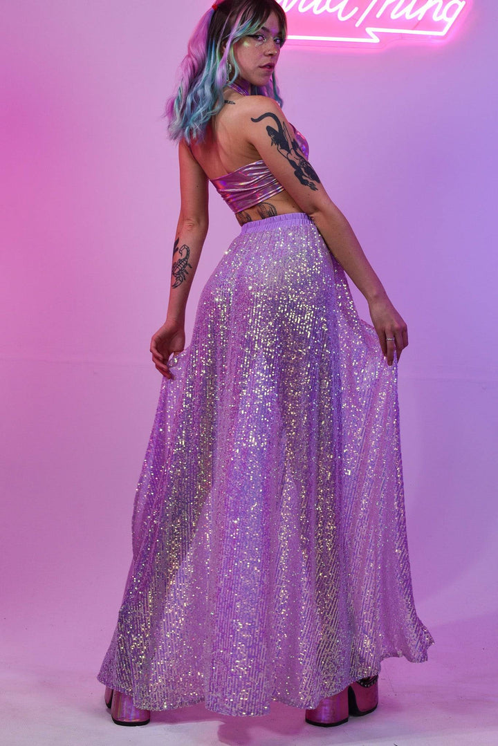 Lavender sequin skirt with iridescent top, festival outfit