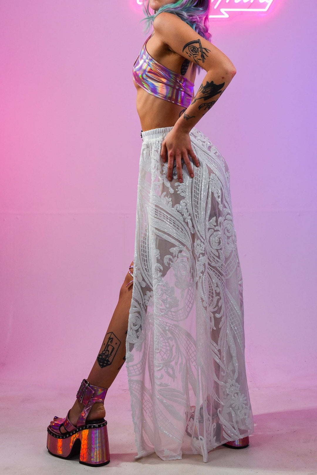 Side view of Swan White Skirt, intricate lace design