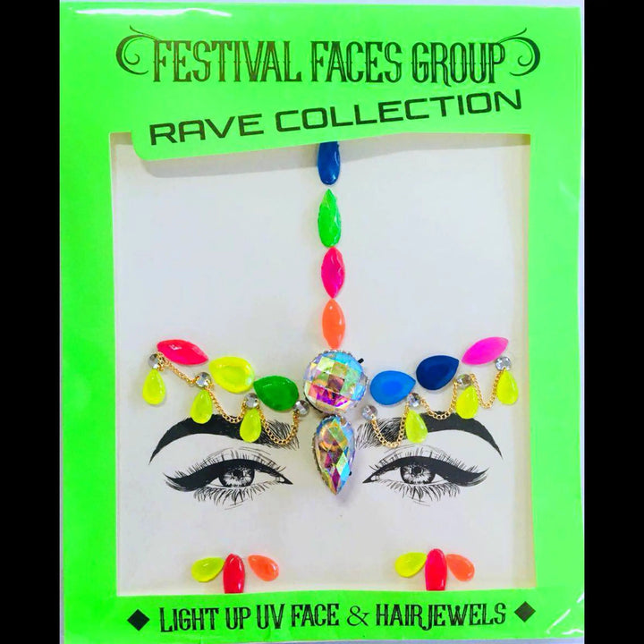 Colorful UV face jewels in packaging, festival style