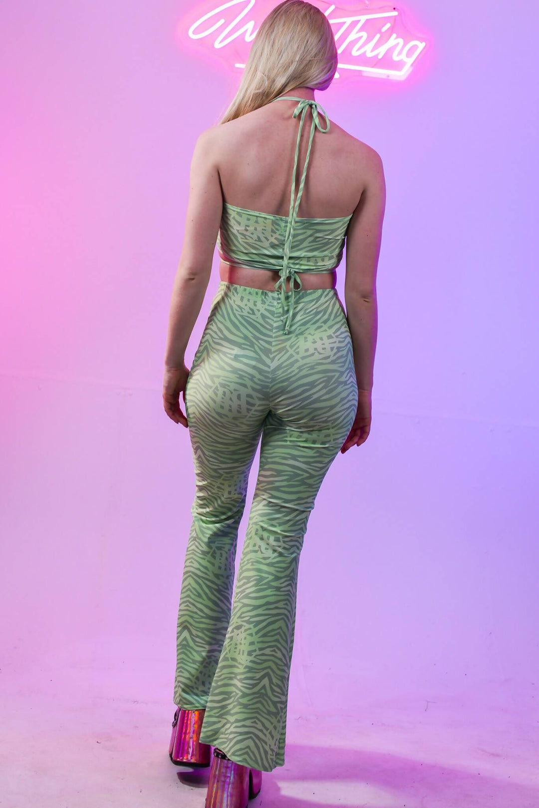 Sage Green Strap Top with matching pants, back view