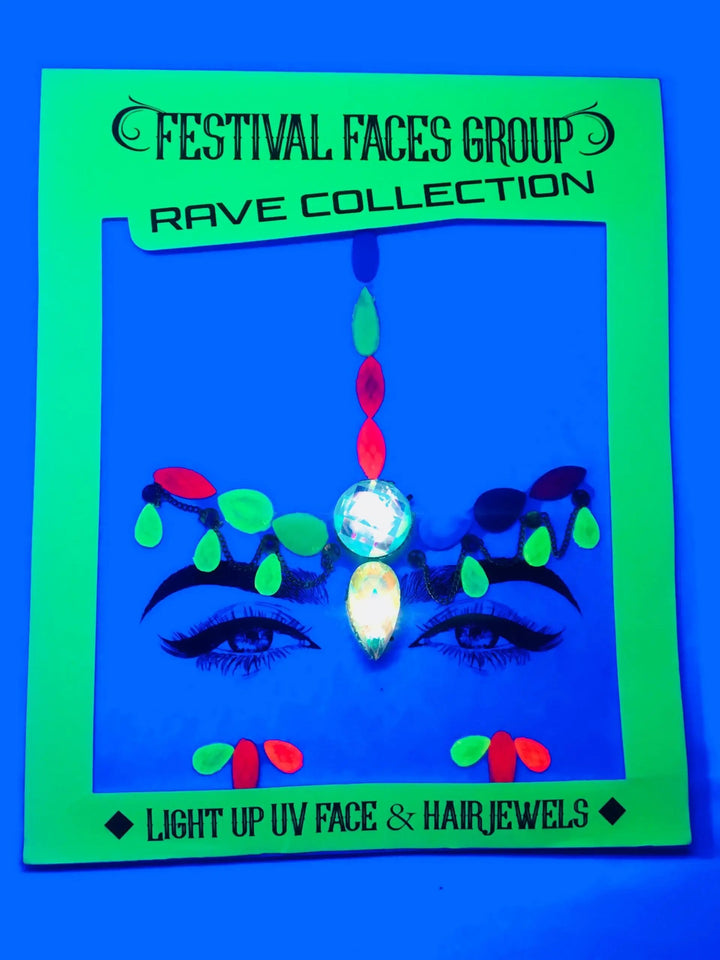 Light-up UV face jewels in packaging, rave collection