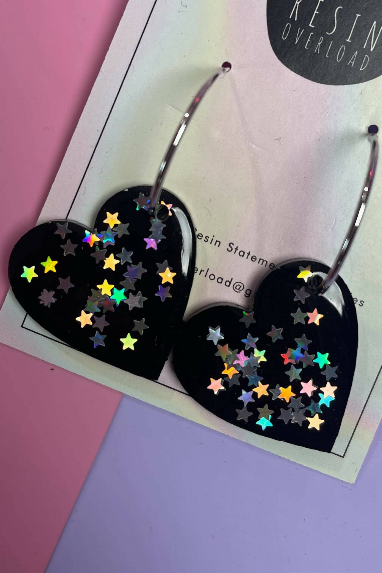 Resin Heart Shaped Earrings Glittery Resin Earrings Festival Earrings Cute Earrings Sparkly Earrings Holographic Stars Bewitched Halloween