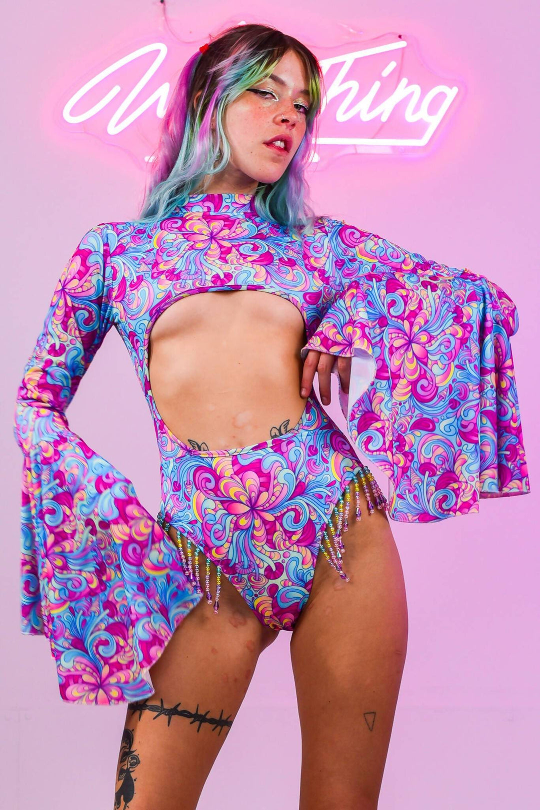 Colorful Shroom Flare Bodysuit with cutout design