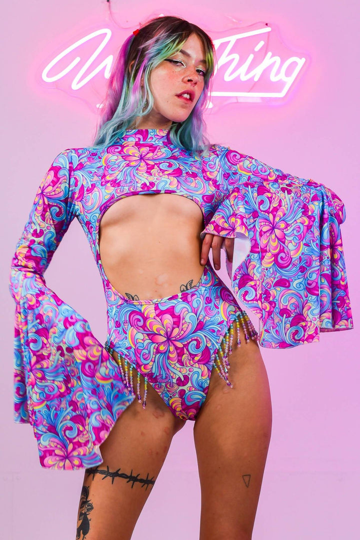 Colorful Shroom Flare Bodysuit with cutout design