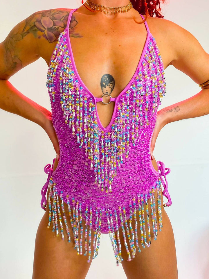 Front view of Tutti Frutti Sequin Bodysuit with fringe details