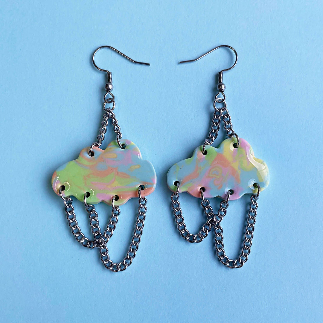 Pastel rainbow cloud earrings with chain details