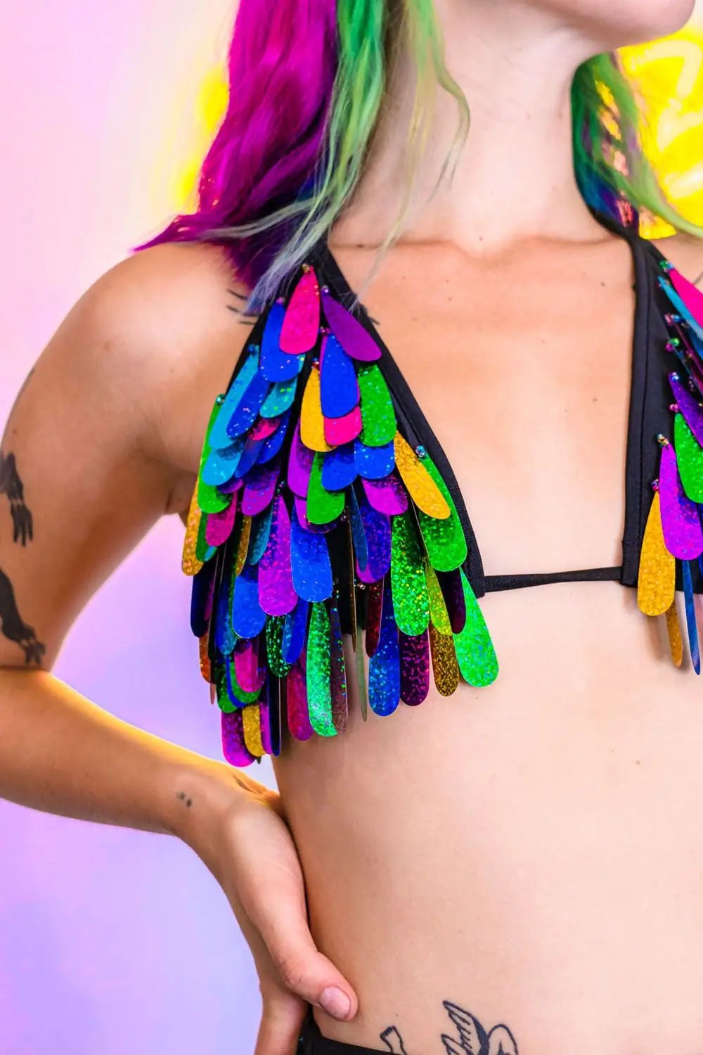 Close-up of rainbow sequin Angel Dust Bikini Top