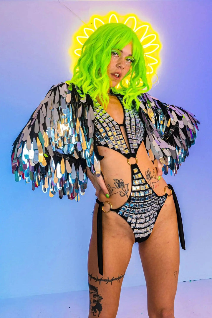 Front view of Angel Dust Jacket with neon wig