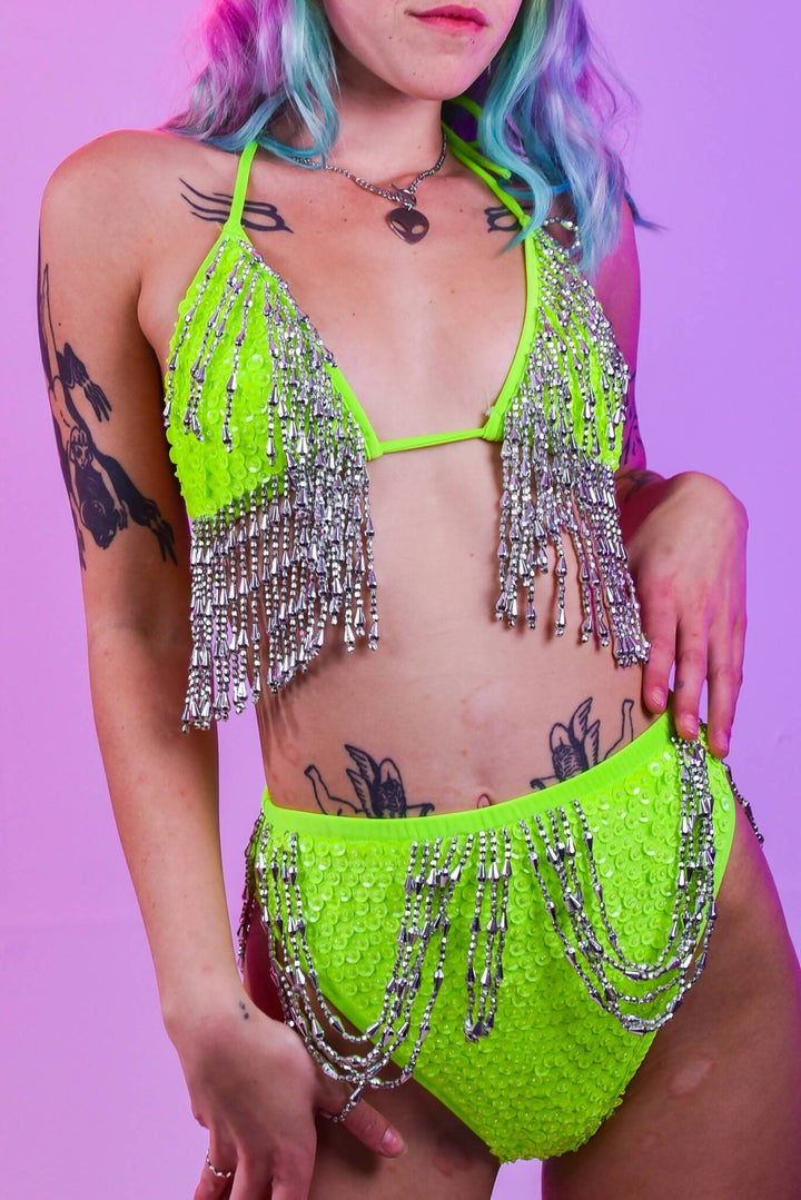 Mandy Neon Green bikini with fringe detail, front view