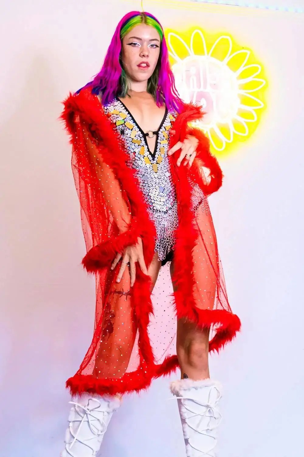 Red faux fur kimono over sequin outfit, front pose