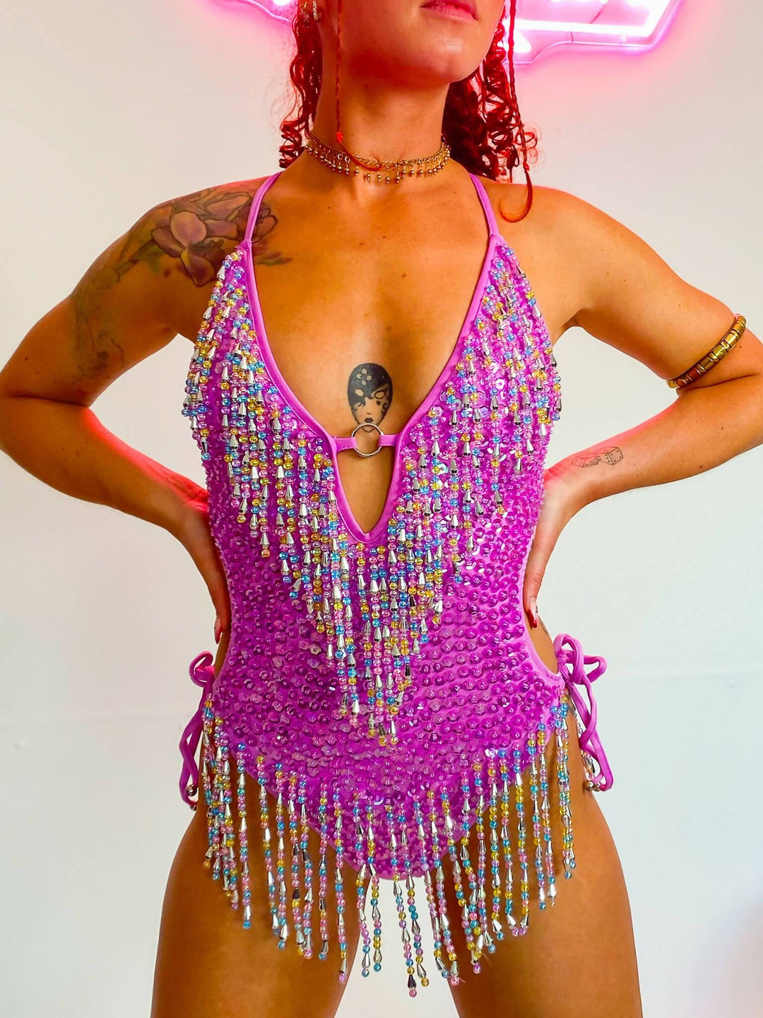 Front view of Tutti Frutti Sequin Bodysuit with deep V-neck