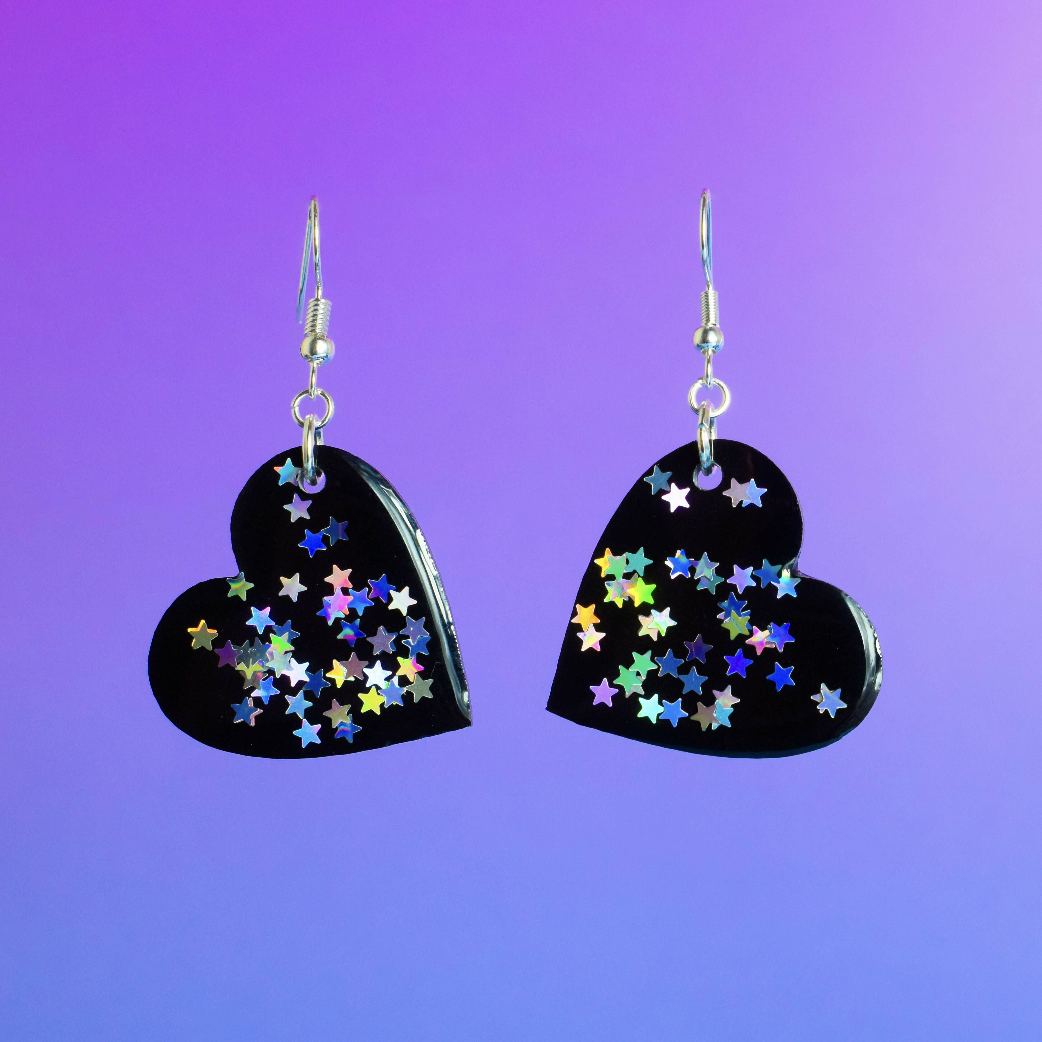 Resin Heart Shaped Earrings Glittery Resin Earrings Festival Earrings Cute Earrings Sparkly Earrings Holographic Stars Bewitched Halloween