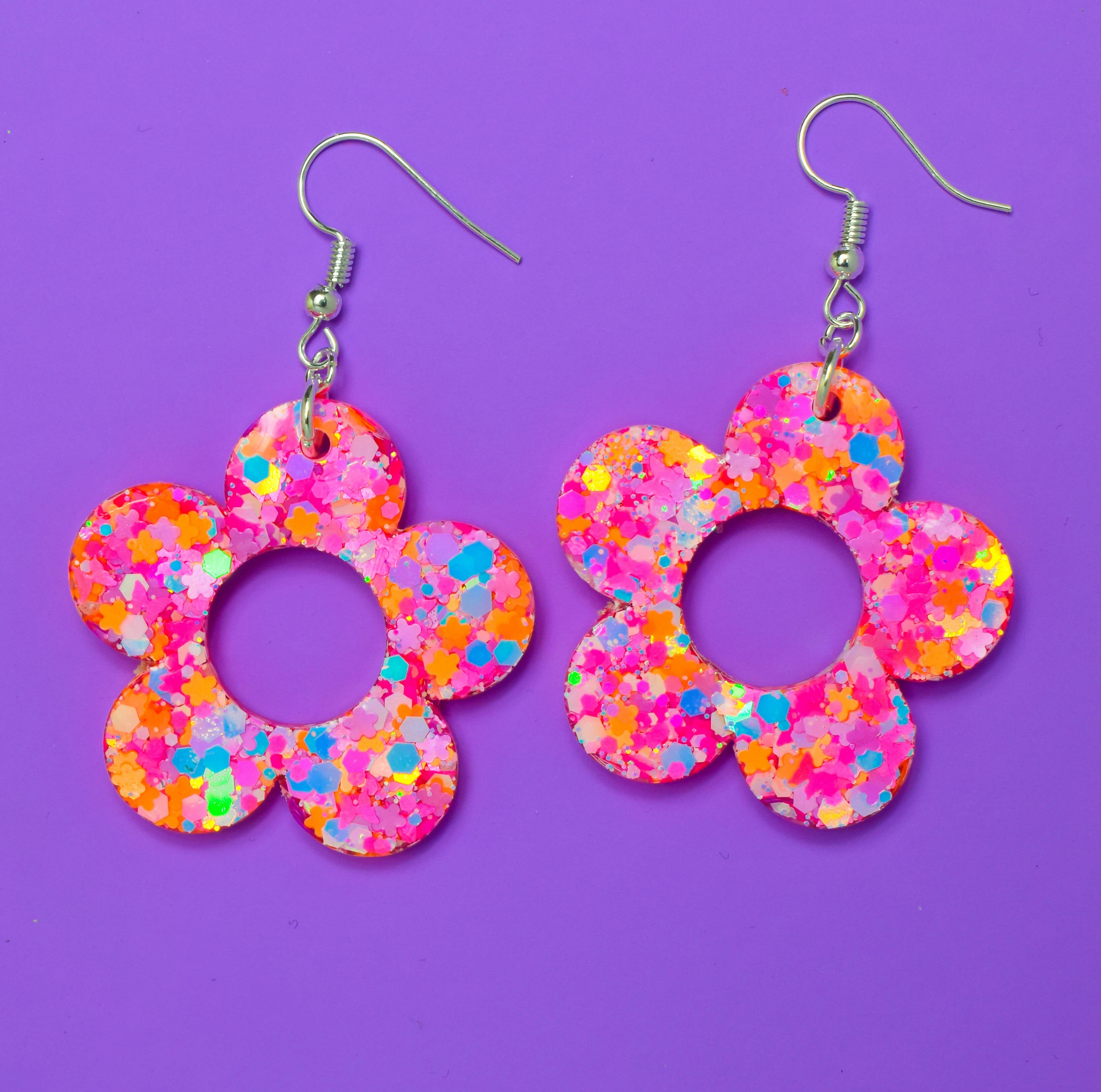 Resin Flower Earrings Glittery Festival Earrings Cute Floral Earrings Iridescent Sparkly Woodstock | Rave &amp; Festival Fashion