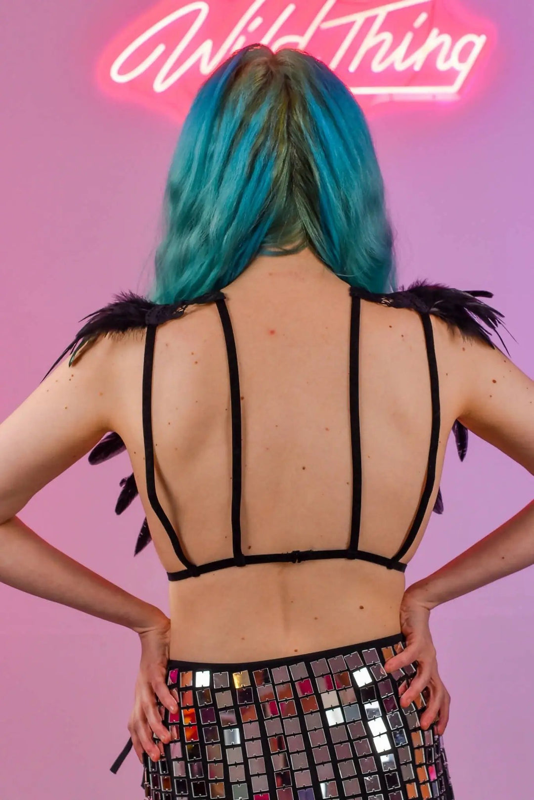 Back view of Love Khaos Gypsy Lace Top Noir with straps