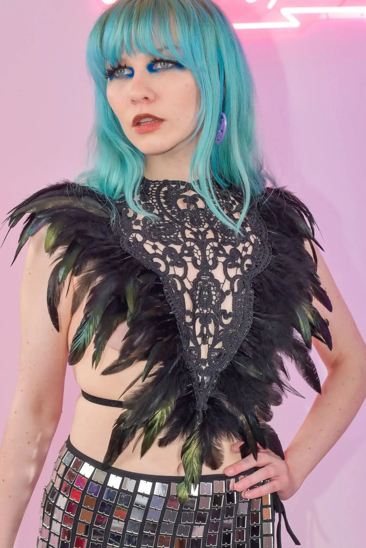 Love Khaos Gypsy Lace Top Noir with feather details