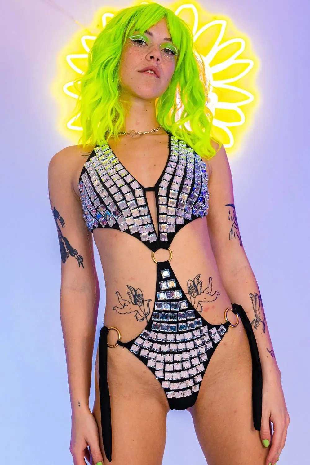 Front view of Molly Mirror Bodysuit with reflective panels.