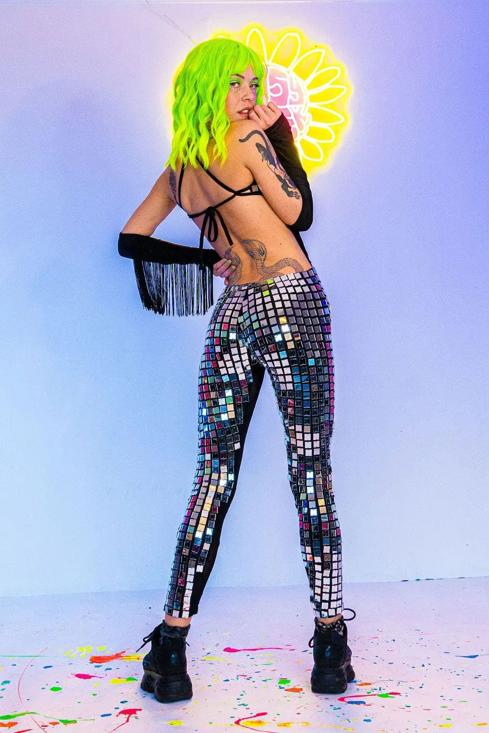 Back view of Molly Mirror Catsuit and neon green wig