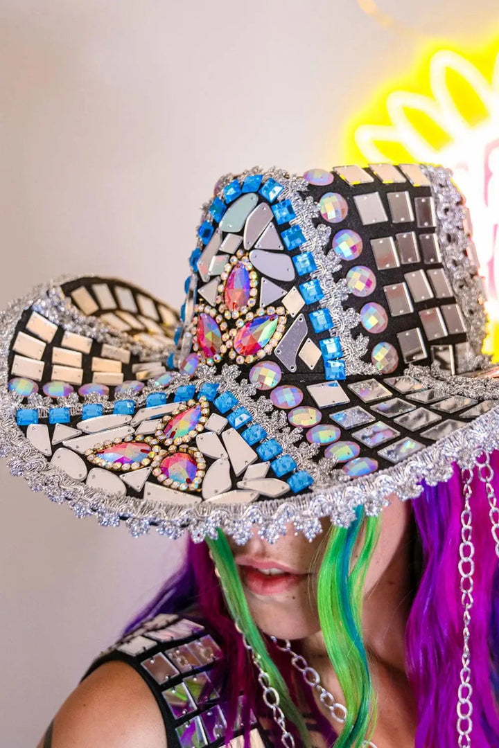 Close-up of Molly Mirror Cowboy Hat's mosaic pattern