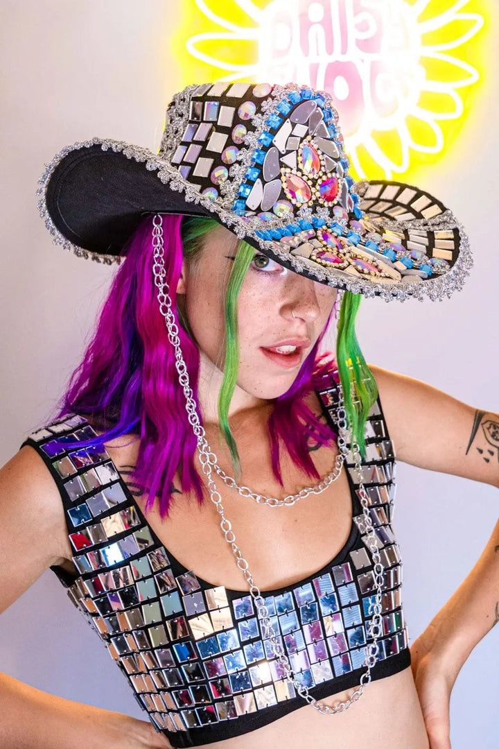 Festival-ready Molly Mirror Cowboy Hat with chain details