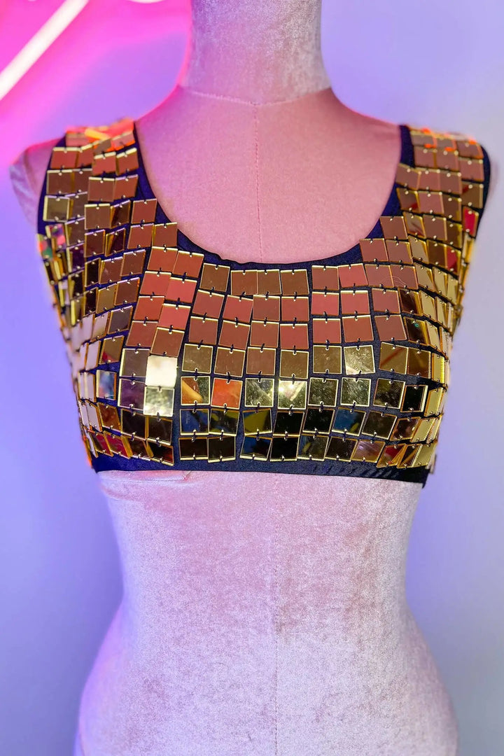 Front view of Gold Molly Mirror Crop Top on mannequin