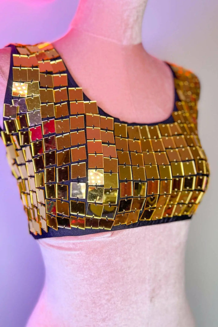 Side angle of Gold Molly Mirror Crop Top on mannequin