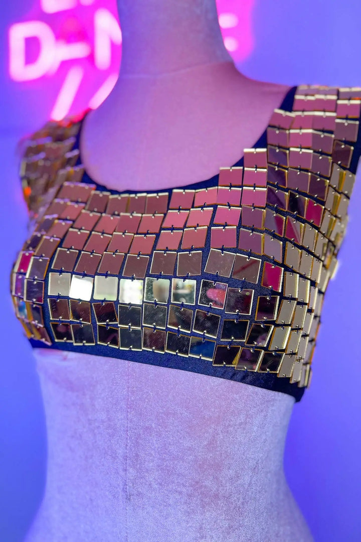 Angled view of Gold Molly Mirror Crop Top on mannequin