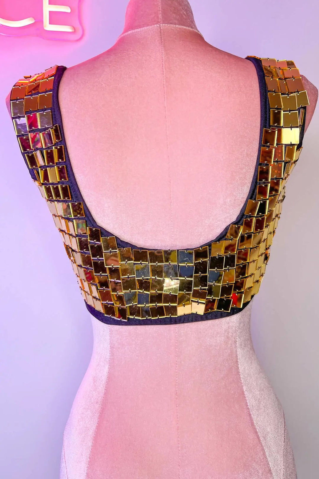 Back view of Gold Molly Mirror Crop Top on mannequin