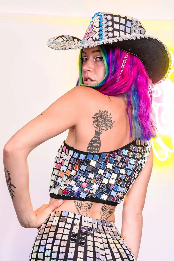 Molly Mirror One Shoulder Crop Top, back view with colorful hair.