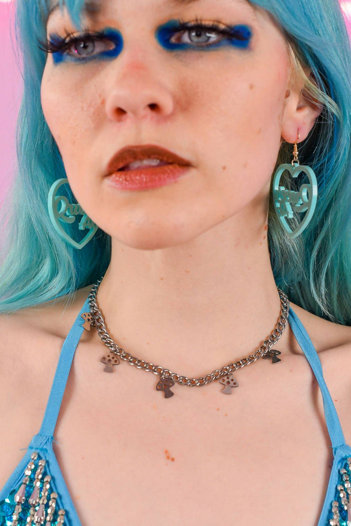 Mushroom Magic Chain necklace worn with bold makeup