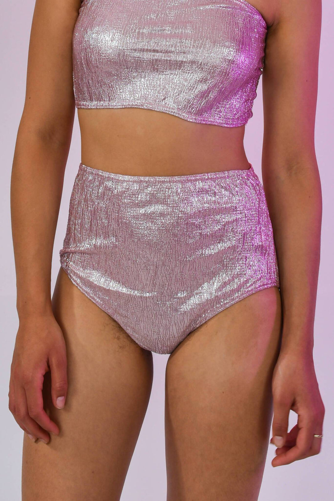 Pink metallic high-waisted shorts and top set