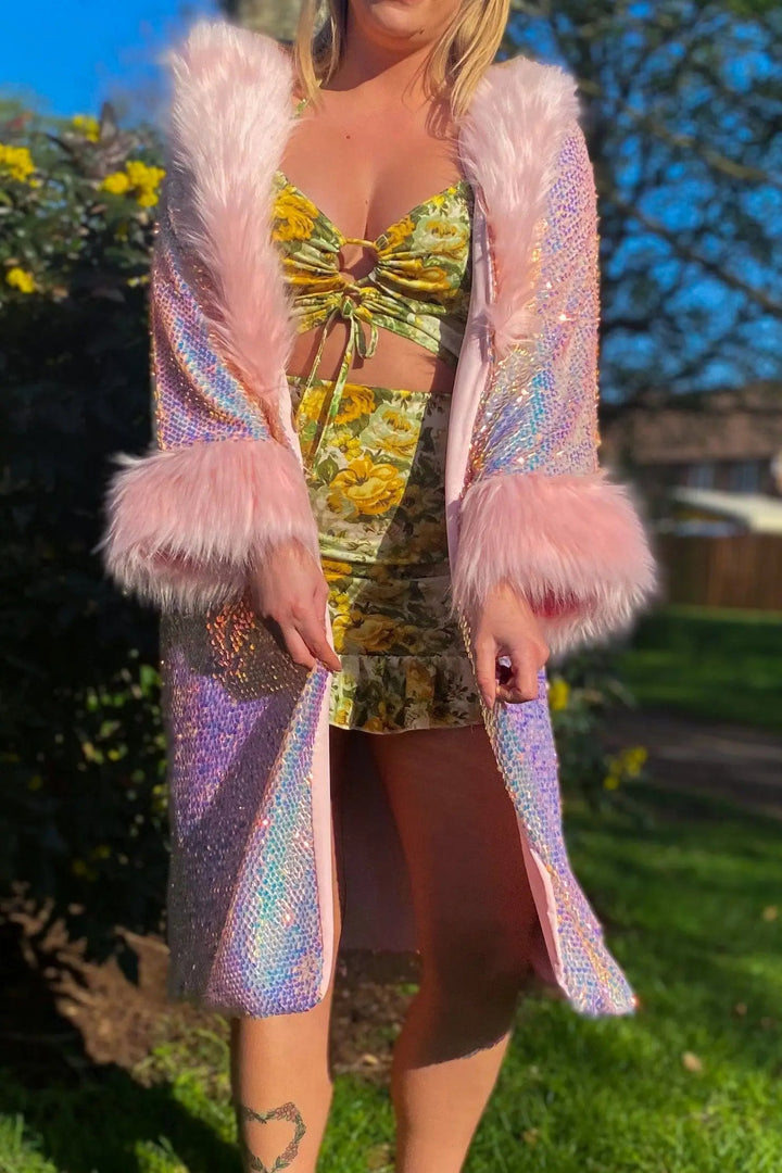 Open Pink Dream Jacket revealing floral outfit