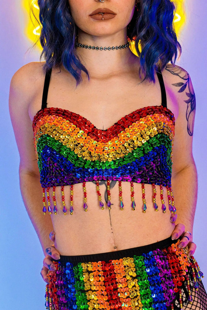 Close-up of Rainbow Bright Set top with rainbow sequins and fringe.