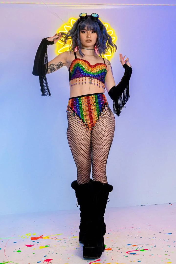 Front view of Rainbow Bright Set with sequin details and fishnet tights.