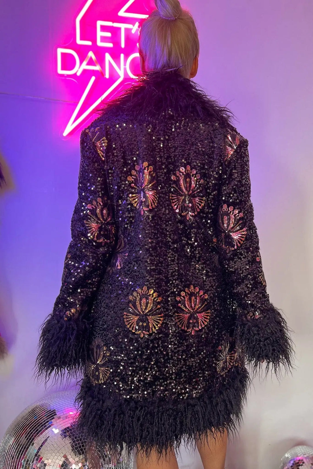 Back view of Stardust Lux Faux fur Coat with floral sequins