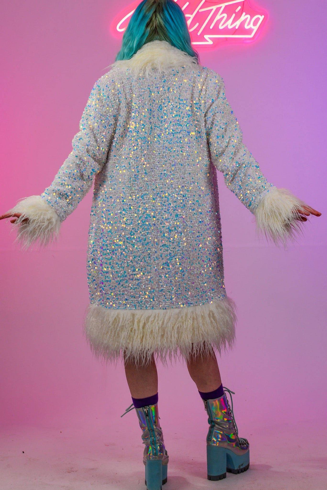 Back view of sequined Afghan coat with fur trim