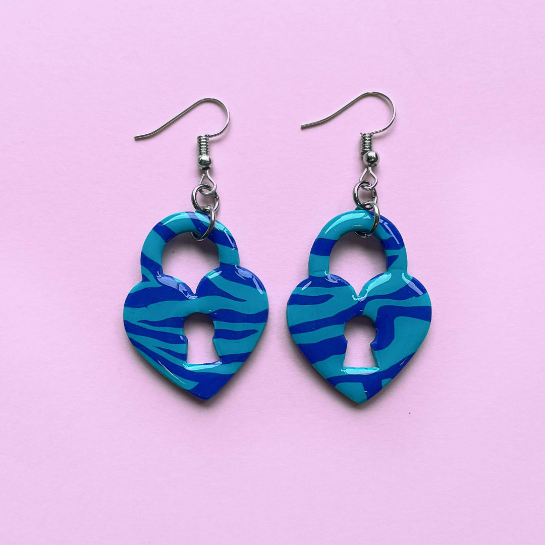 Zebra Padlock Earrings with blue and purple pattern