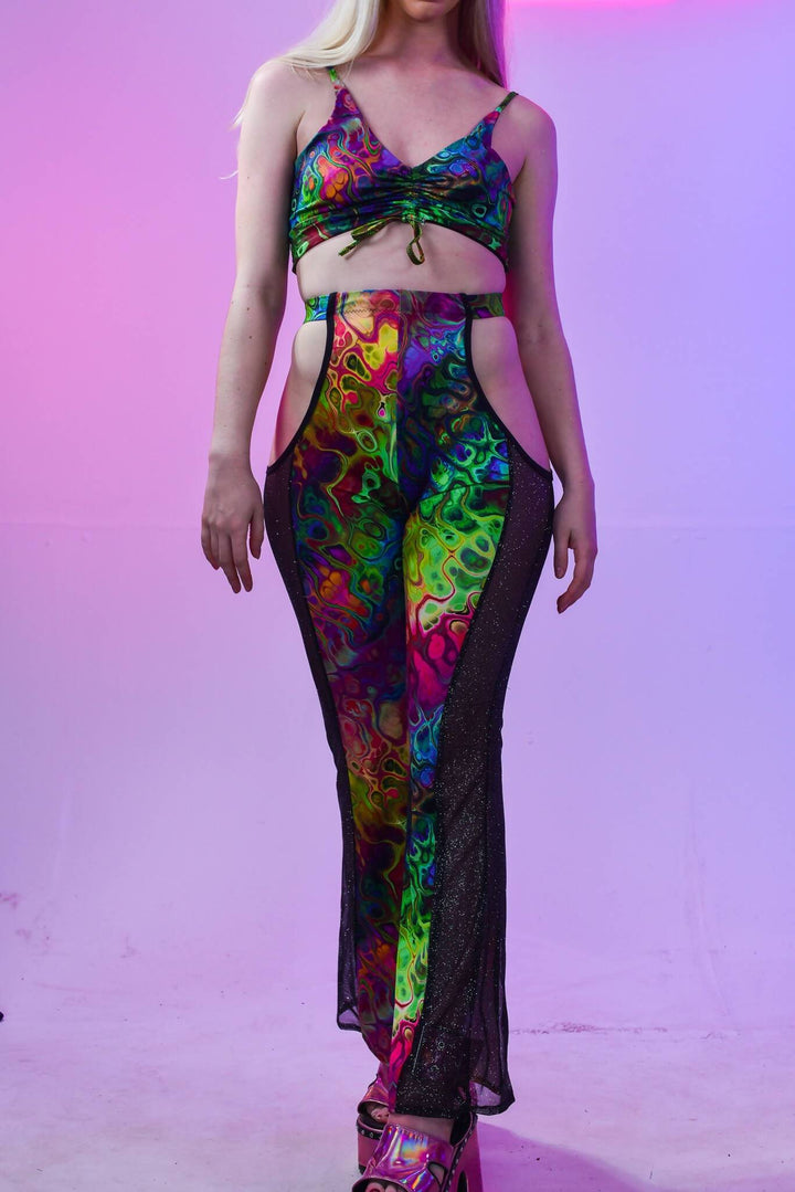 Trippy Tie Crop Top and matching pants, full front view